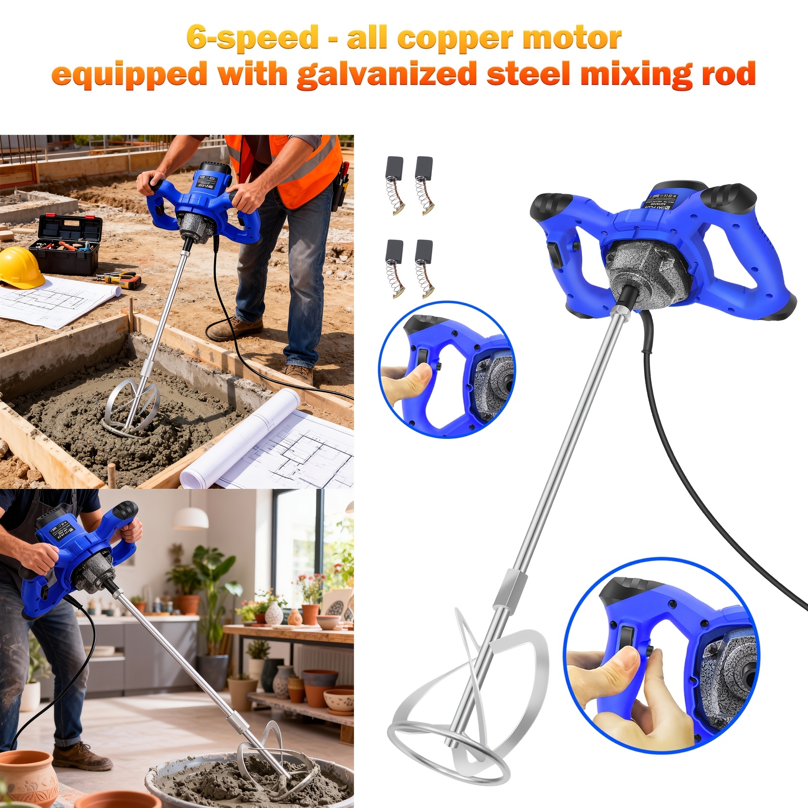 Heavy Duty Electric , 6-speed Mortar Cement Paint Stirrer With M14 Rod, Power Tool For Cement, Paint, Plaster And Resin, Portable For Construction &