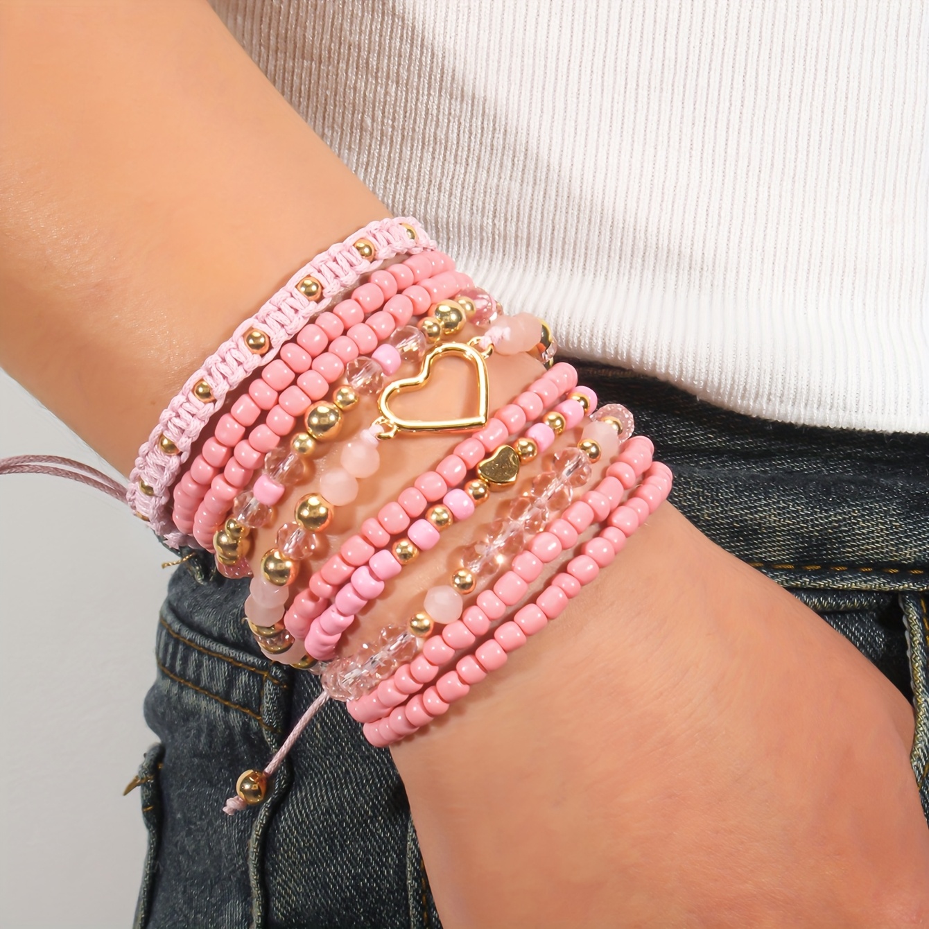 Y2K Pink Heart Charm Bracelet Set 10pcs