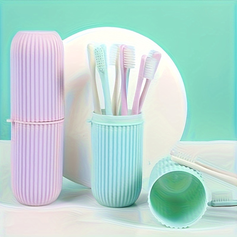 

1pc Vertical Striped Toothbrush Storage Box, Travel Toothbrush Case, Portable Toothpaste Holder Container, Mouthwash Cup For Business Trip, Travel Essentials, Home Decor, Furniture For Home
