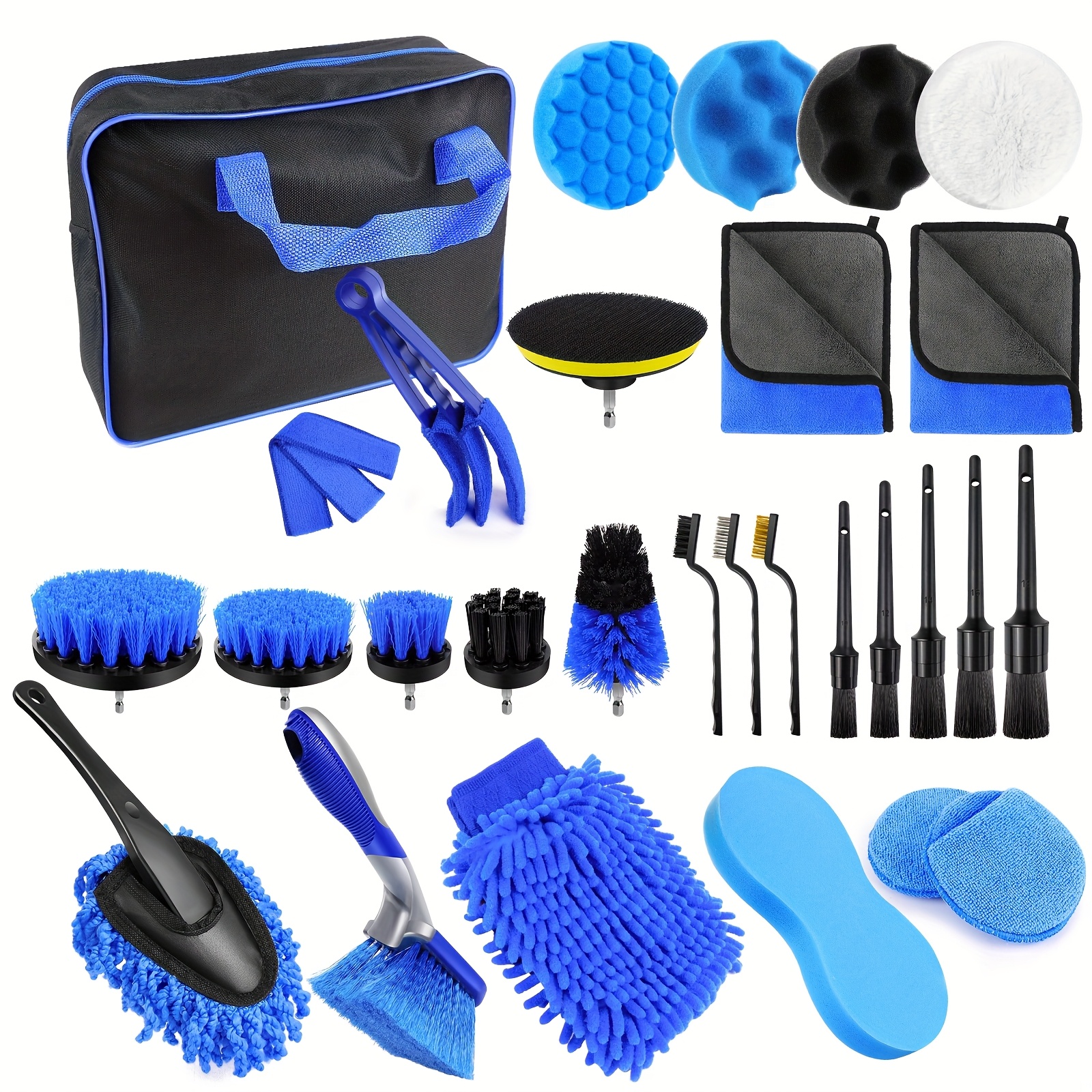 Image of 29pcs Car Detailing Set - Includes Storage Bag, Suitable For Interior And Exterior Cleaning, Wet And Dry Car Wash Supplies For Vents, Dashboard, Engine, Wheels, And Home Use, Blue, Without Battery
