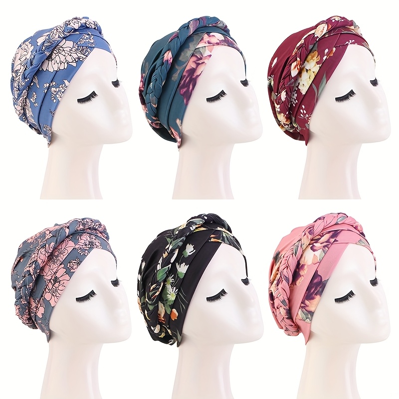 4pcs Set of Printed Twisted Braid Double Cross Headscarf Hat, Solid Color Bohemian Style Head Wrap, Ethnic Fabric Hat, Solid Color Ethnic Style Headscarf Hat, Muslim Cap
