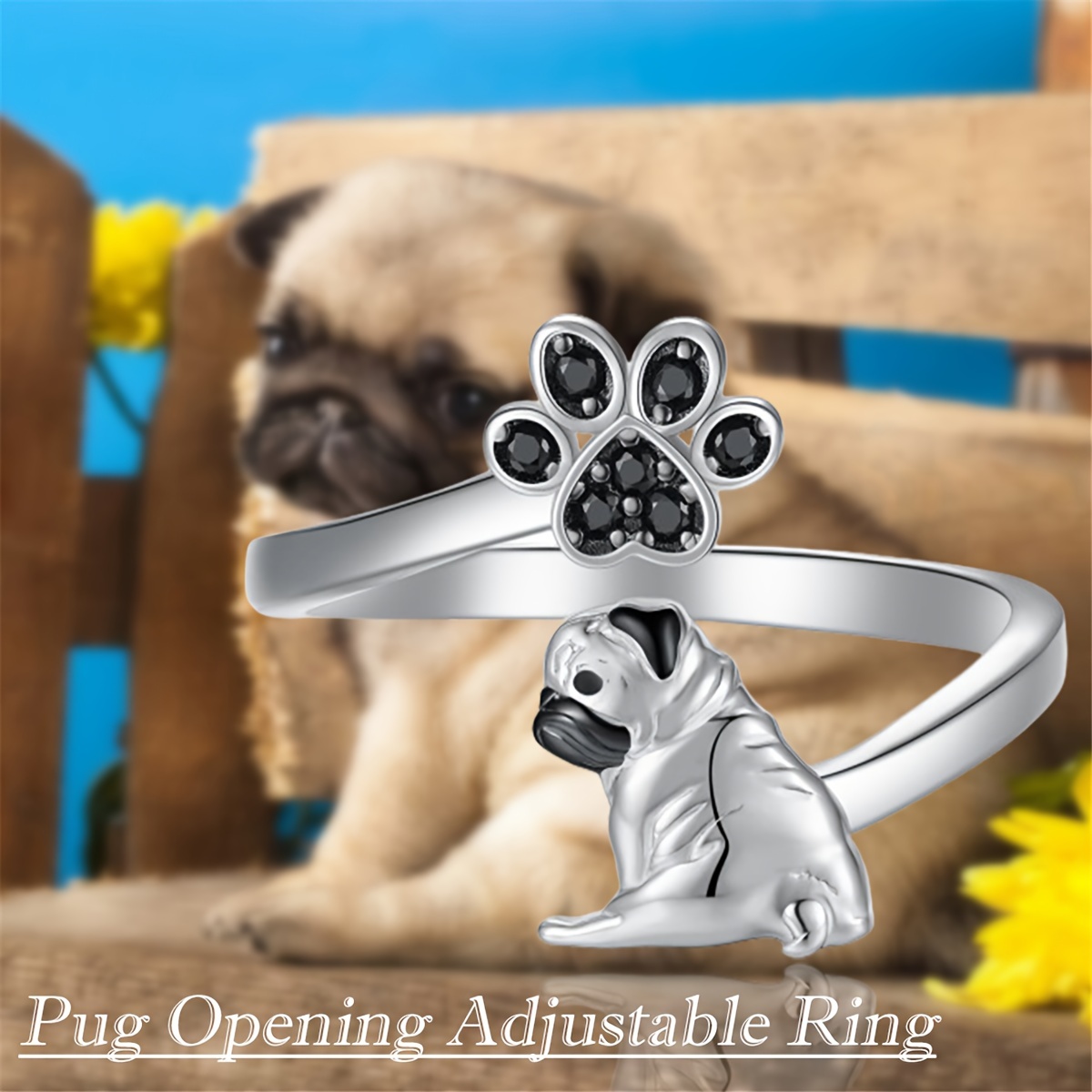 

Pug Dog Adjustable Ring For Women - Zinc Alloy, Rhinestone Paw Detail, - Gift For Dog Lovers, 14+ Age Group