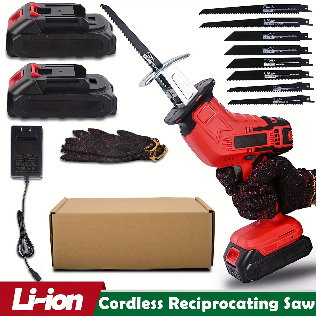 

24v High-powered Cordless Reciprocating Saw - Variable Speed Control, 2 Long-lasting Batteries, Fast Charger, Gloves And 8 Blades For Cutting