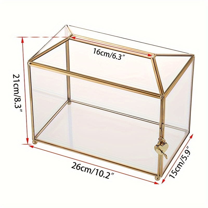 Image of 1pc 10.2" Glass Card Box Wedding Card Box With Lock For Wedding Reception Cosmetic Home Decor, Handmade Large Geometric Terrarium With Hinged Lid, Frame - (golden)