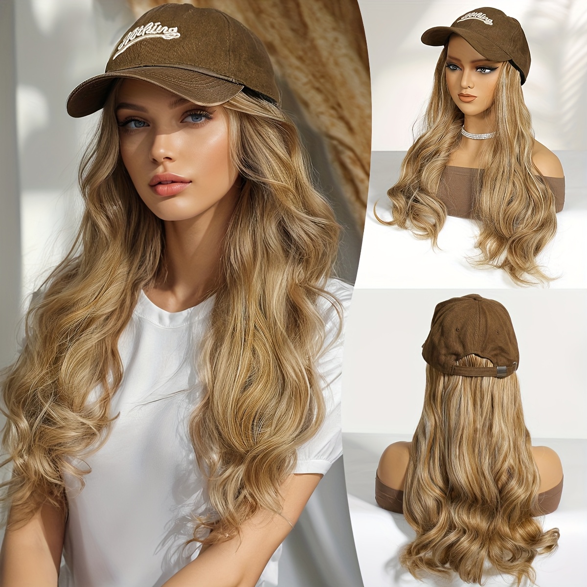 ' One-piece Brown Baseball Cap With 16-inch Wavy Curly Wig - -resistant Synthetic Hair (curly Style Suitable For Fall/winter) - & Length For Daily Hairstyle - Blow-dry/styling