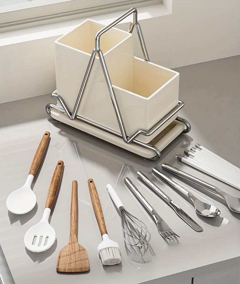 1pc cream white stainless steel utensil holder with   multifunctional kitchen countertop organizer for cooking utensils knives spoons and forks dining room accessory triangular design metal utensil holder kitchen utensils Product details 0