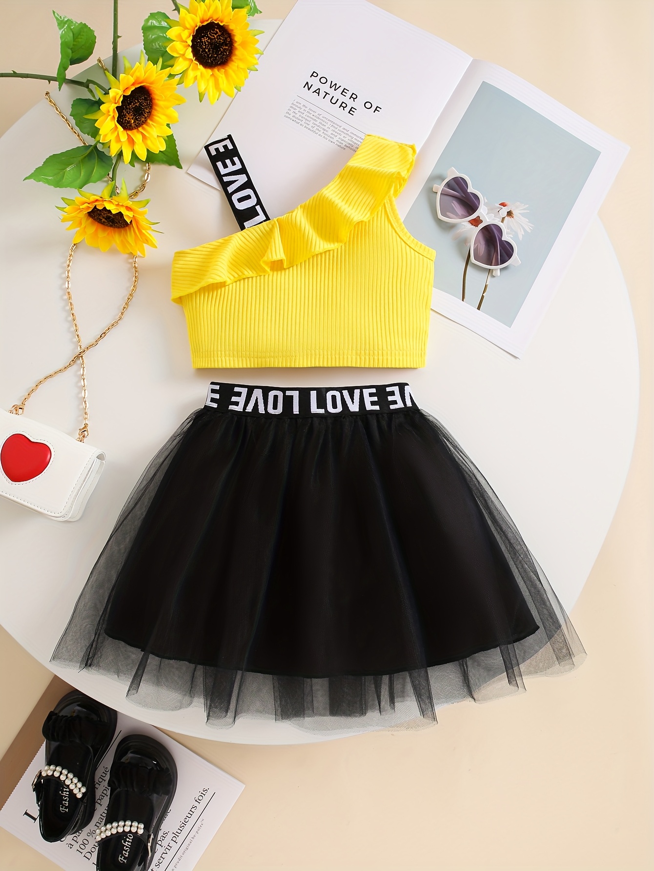 girls 2pcs set shoulder strapless top tulle skirt yellow Temu - Main Image