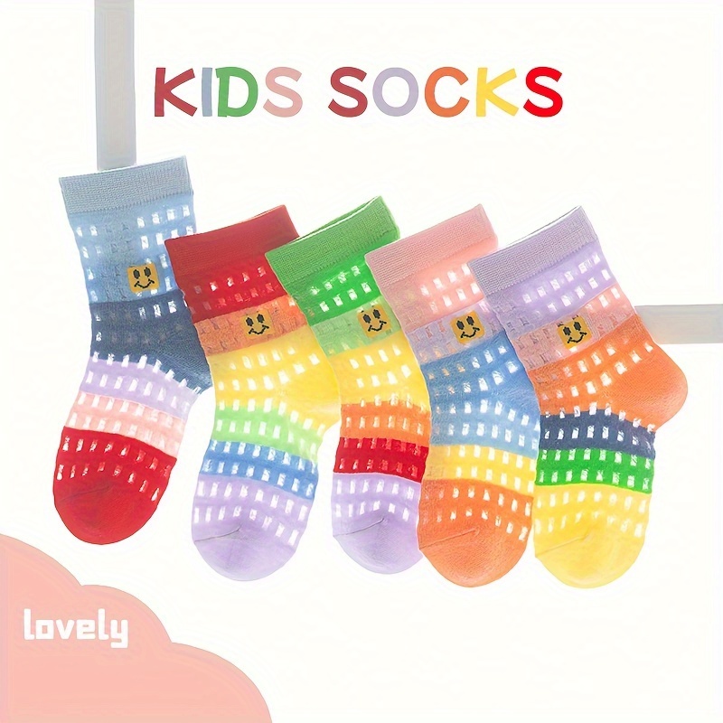 

5 Pairs Of Girl's Colorful Color Block Knitted Socks, Mesh Thin Comfy Breathable Soft Crew Socks For Outdoor Wearing