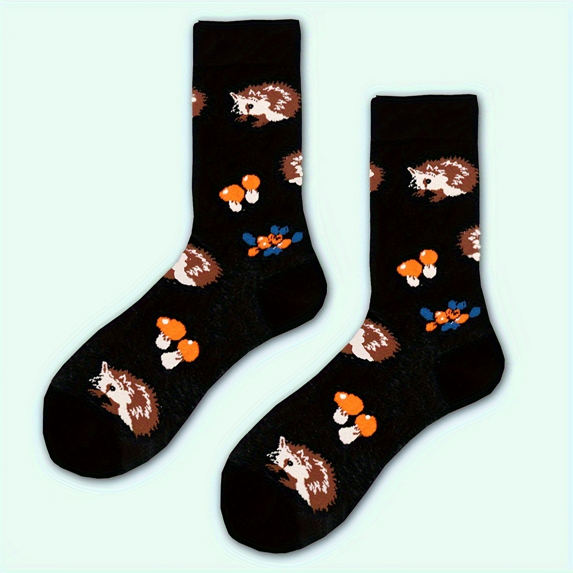 

1 Pair Of Men's Cotton Blend Fashion Fun Hedgehog Pattern Crew Socks, Comfy & Breathable Elastic Socks, For Gifts, Parties And Daily Wearing