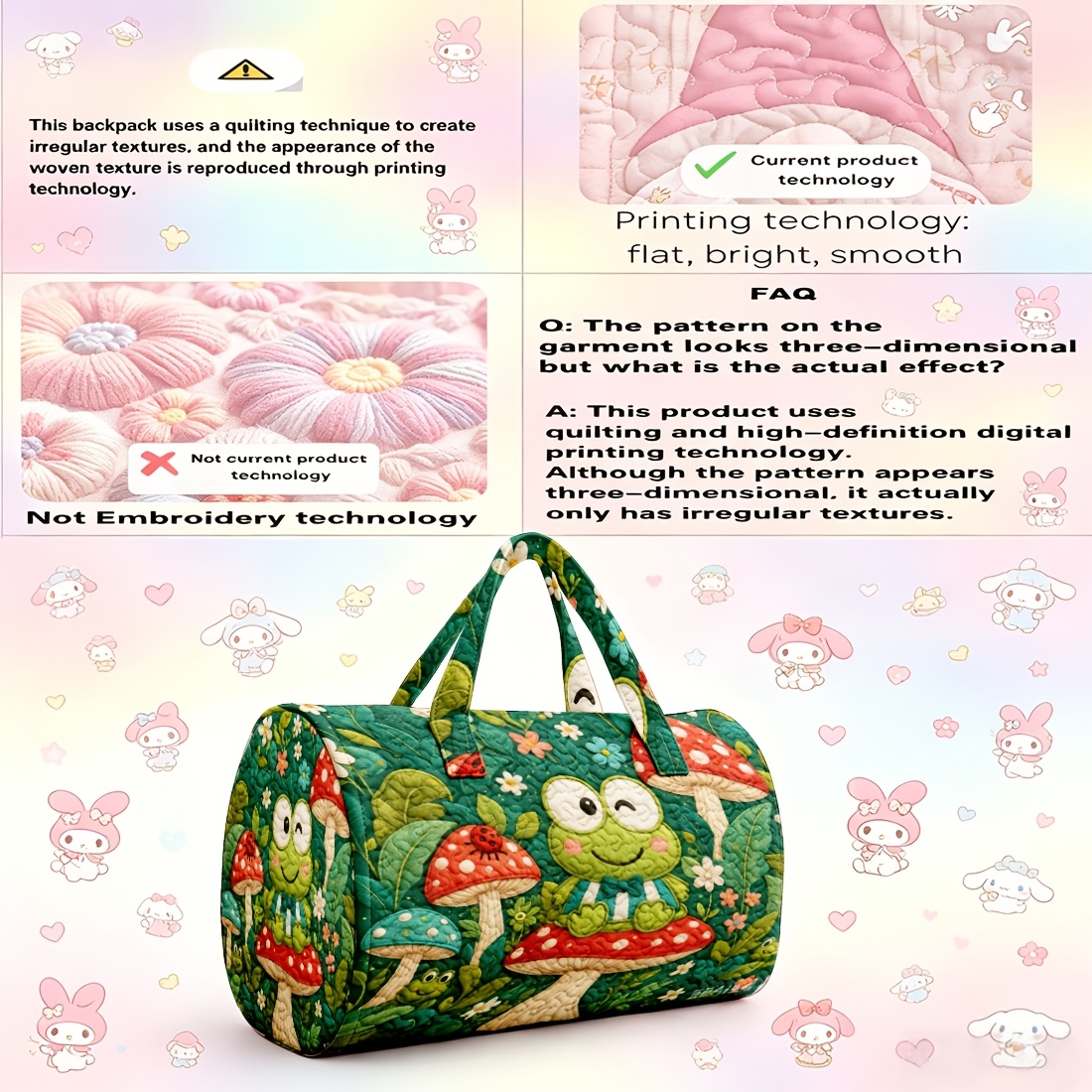 Bolso de mano acolchado de 1 pieza con estampado de Keroppi y champiñones, apto para mujer, bonito bolso de viaje cilíndrico con estampado de rana y champiñón, mochila lavable a máquina para regalos temáticos de Pochi Keroppi