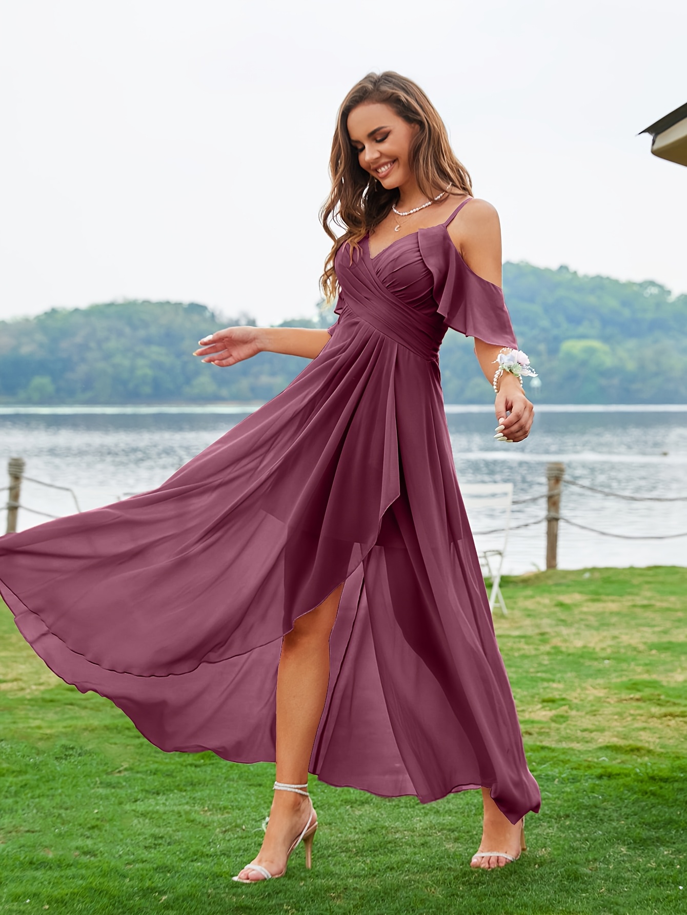 a long elegant purple bridesmaid dress an shoulder design - Temu Mauritius