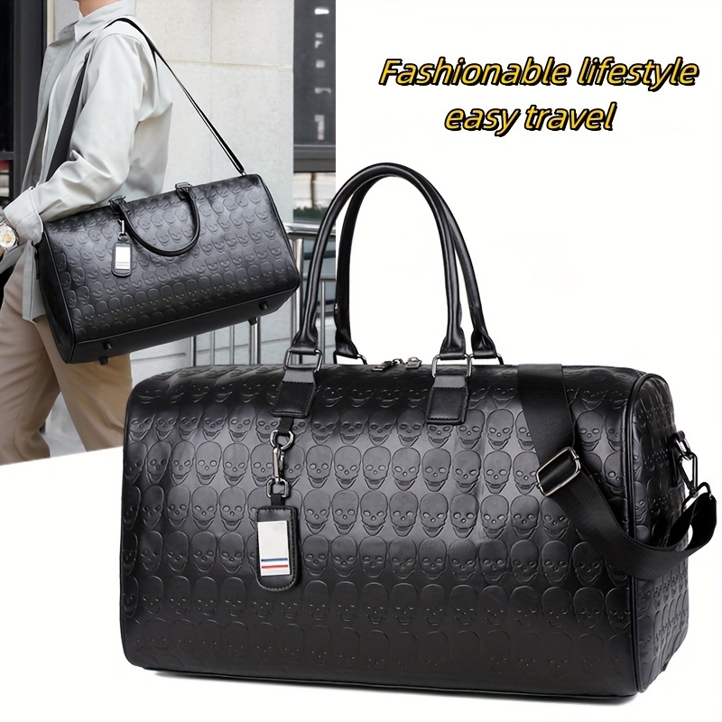 

1pc Large Capacity Handbag With Chic Skull Embossed, Men's Classic Travel Duffel Bag, Fitness Storage Bag, Perfect For Short-term Vacation Trips