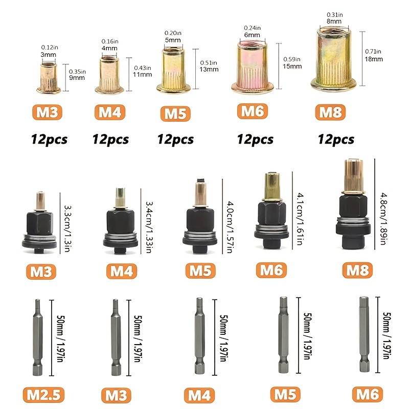 TEMU 70pcs Rivet Drill Conversion Tool Set, Full Set Of M3 To M8 Multi-specification Galvanized Rivet Nuts, Hex Electric Screwdriver Bit Accessories,
