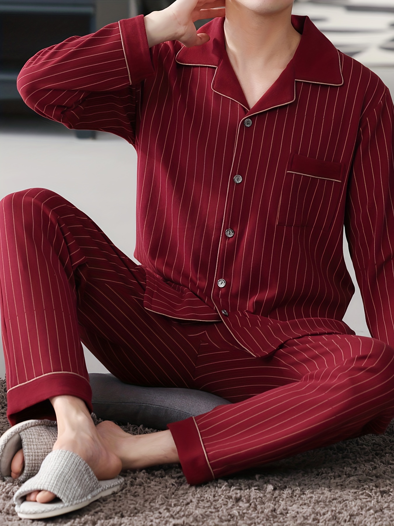 100% Cotton Men'S Pajama Set - Casual Lapel Collar Long Sleeve Sleepwear with Pockets, Striped Slight Stretch Knit Fabric, Loose Fit Lounge Sets for Spring/Fall