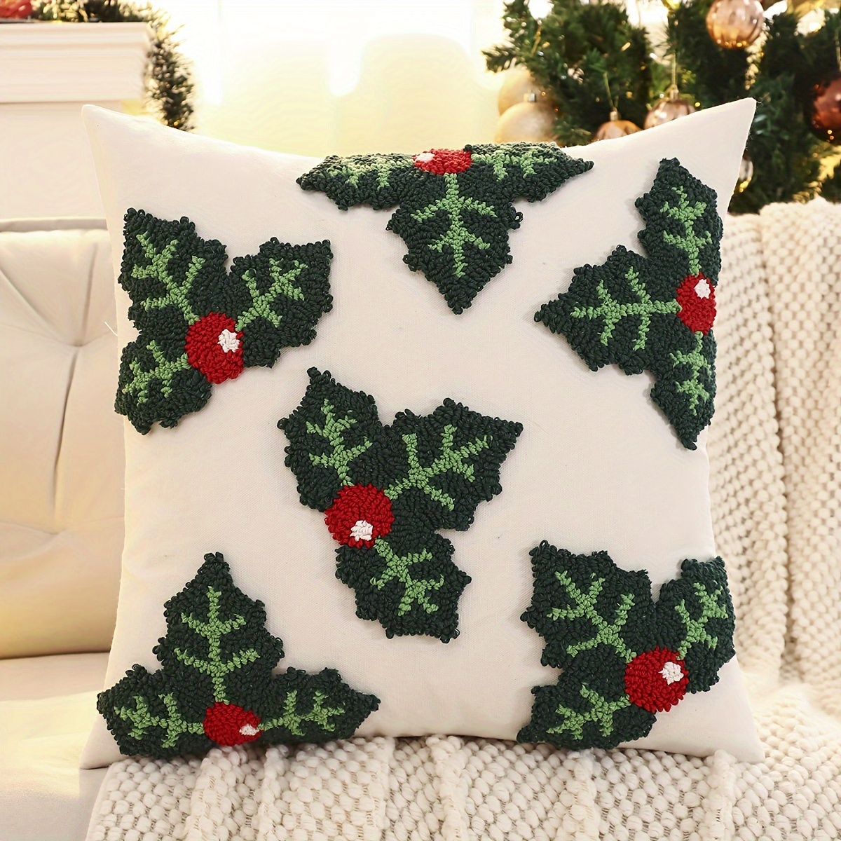Image of 1pc Traditional Christmas Tree & Bells Embroidered Pillow Cover - Geometric Holiday Design, Zipper Closure, Hand Wash Living Room Bedroom Decor, Quality Fabric Cover, Christmas Room Decor