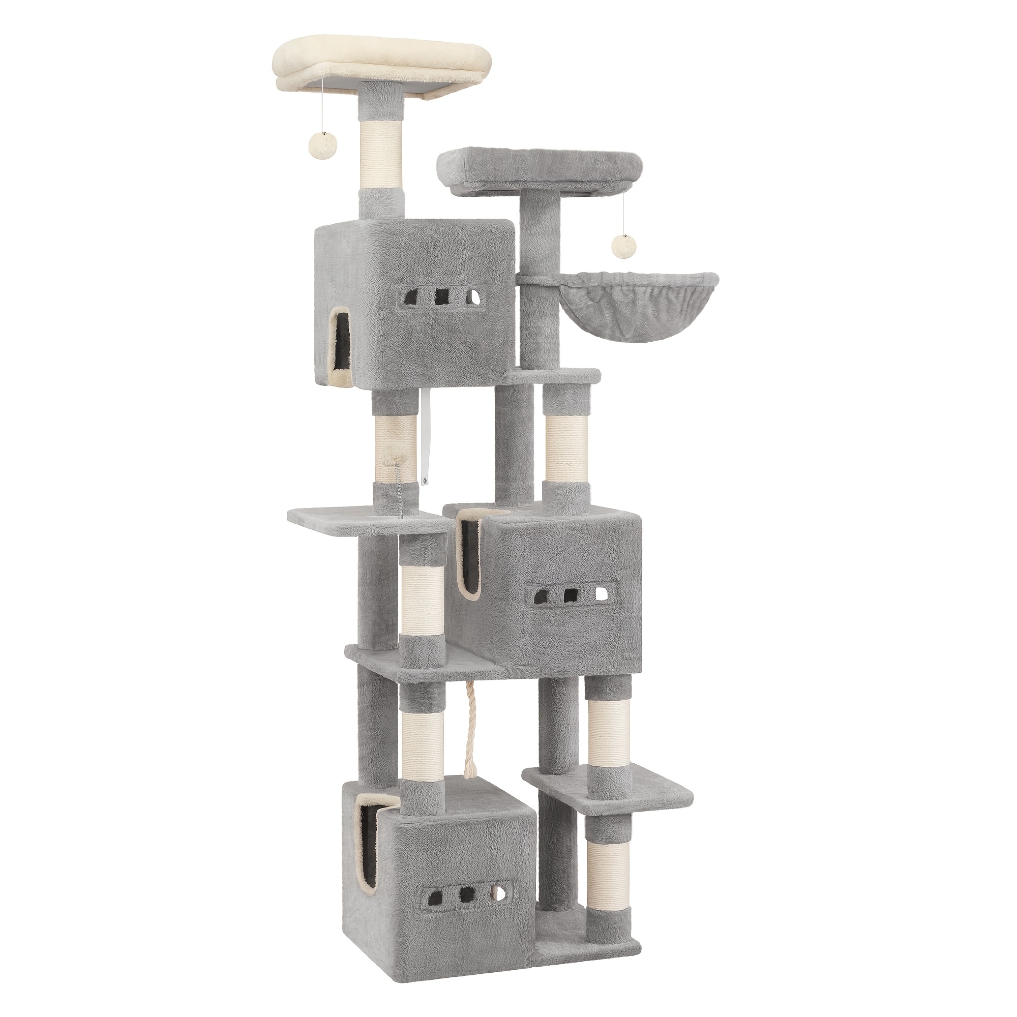Image of Large Scratching Post, 193cm Cat Tree, Multi-storey Cat Scratching Post For Large Cats, With 3 Caves, 6 Scratching Posts, 1 Lounger, 3 Plush Balls, Dark Grey/light Grey