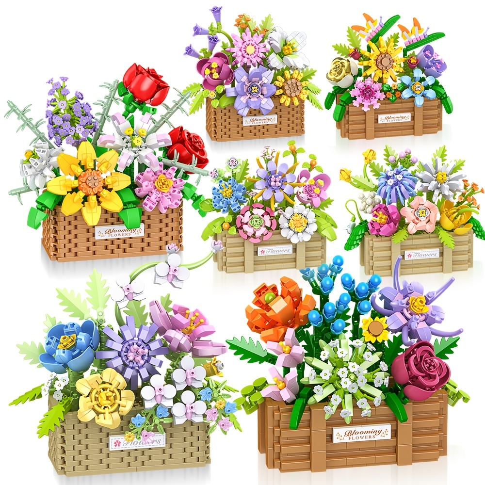 item picture moc rose sunflower flower pot micro building block eternal bouquet plant basket mini diamond brick set children assembly   desk decoration