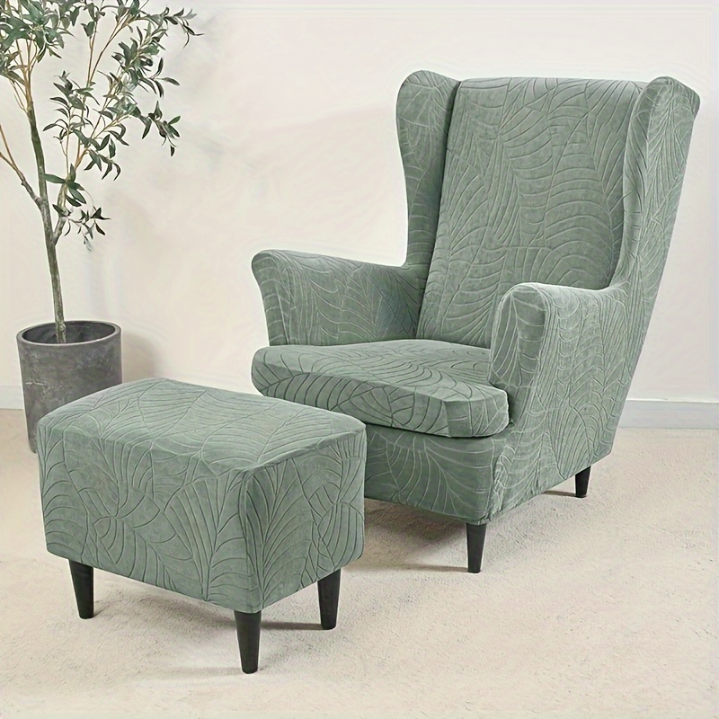 Image of 3pcs Stretch Large Leaf Jacquard Tiger Stool Cover With Footstool Cover And Tiger Chair Cover, Single High-back Sofa Cover