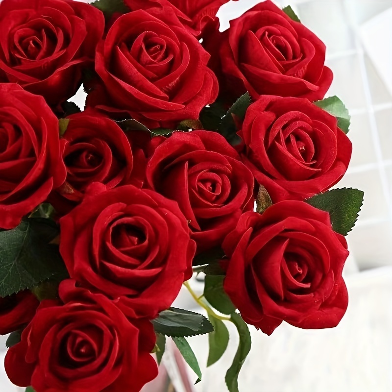 

10pcs Artificial Velvet Roses Fake Red Roses Silk Flower Stems Wedding Arrangement Party Home Decoration - Red