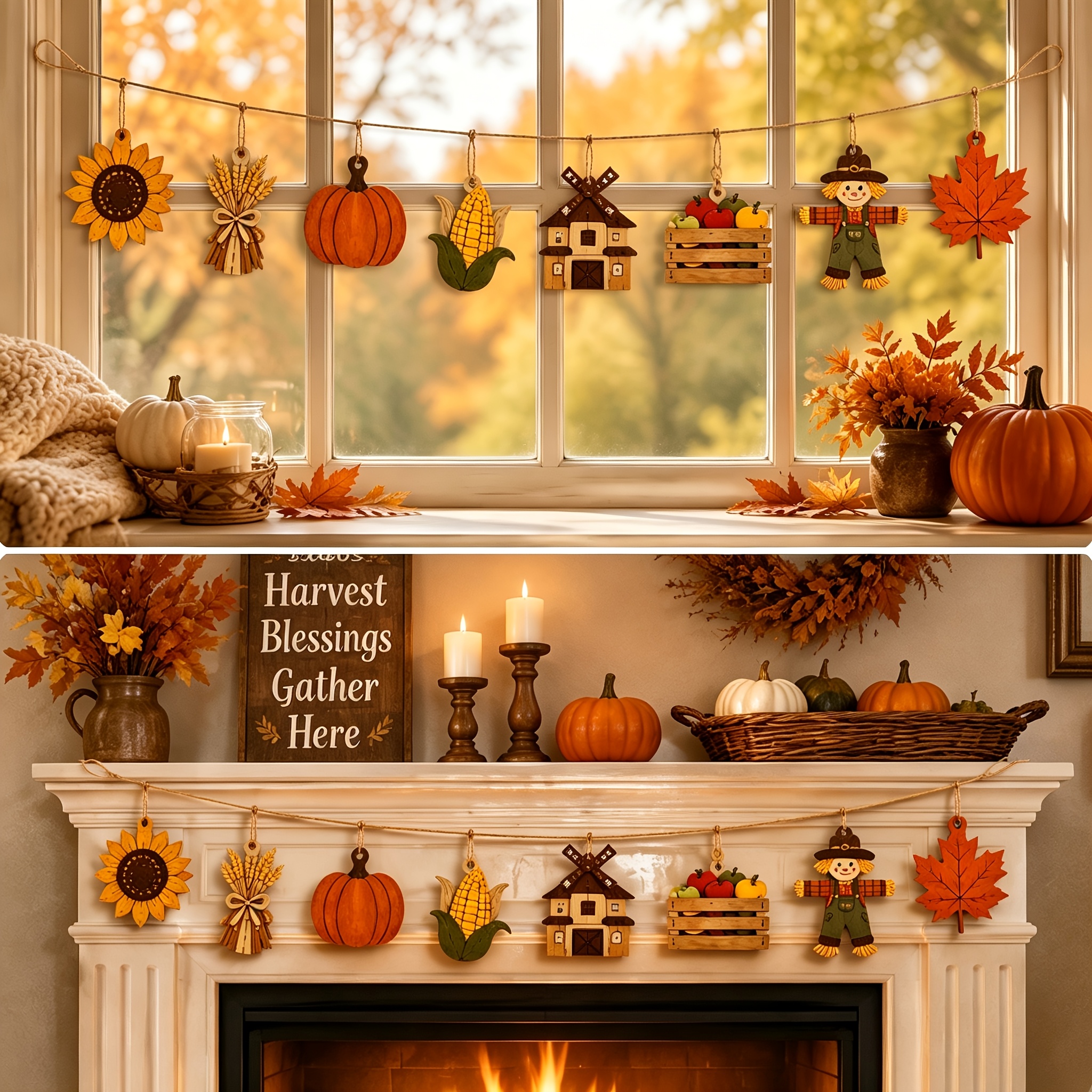 TEMU 2d Flat, 8pcs Thanksgiving Harvest Wooden Ornaments Set, 8 Styles Of 3d Hanging Decorations, Retro Farmhouse Style Wall Decor, Adjustable Jute