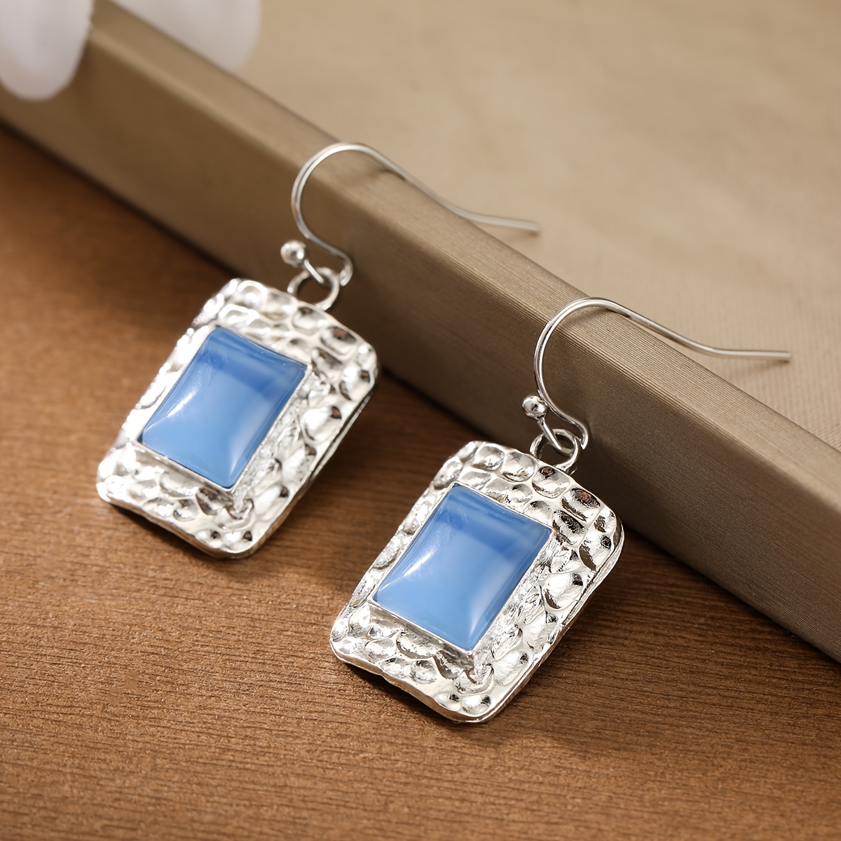French Retro Style Hammered Blue Stone Women’s Earrings