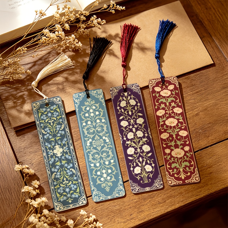 TEMU Lot de 4 marque-pages en cuir PU imprimés en 2D de 1,5 po x 5,9 po avec , floraux de style européen bleu et blanc, , rouge vin et rouge brique,