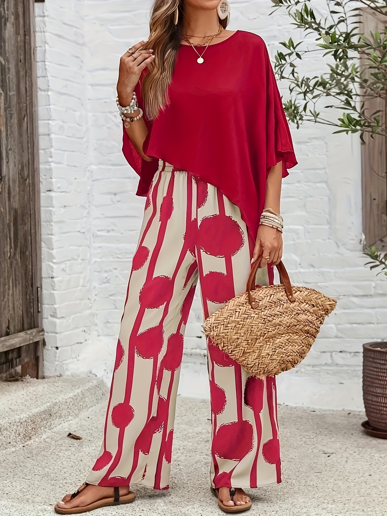 womens casual two piece set abstract print short sleeve top with straight leg pants   spring and summer polyester  c regular fit casual attire abstract print top polyester   red 0