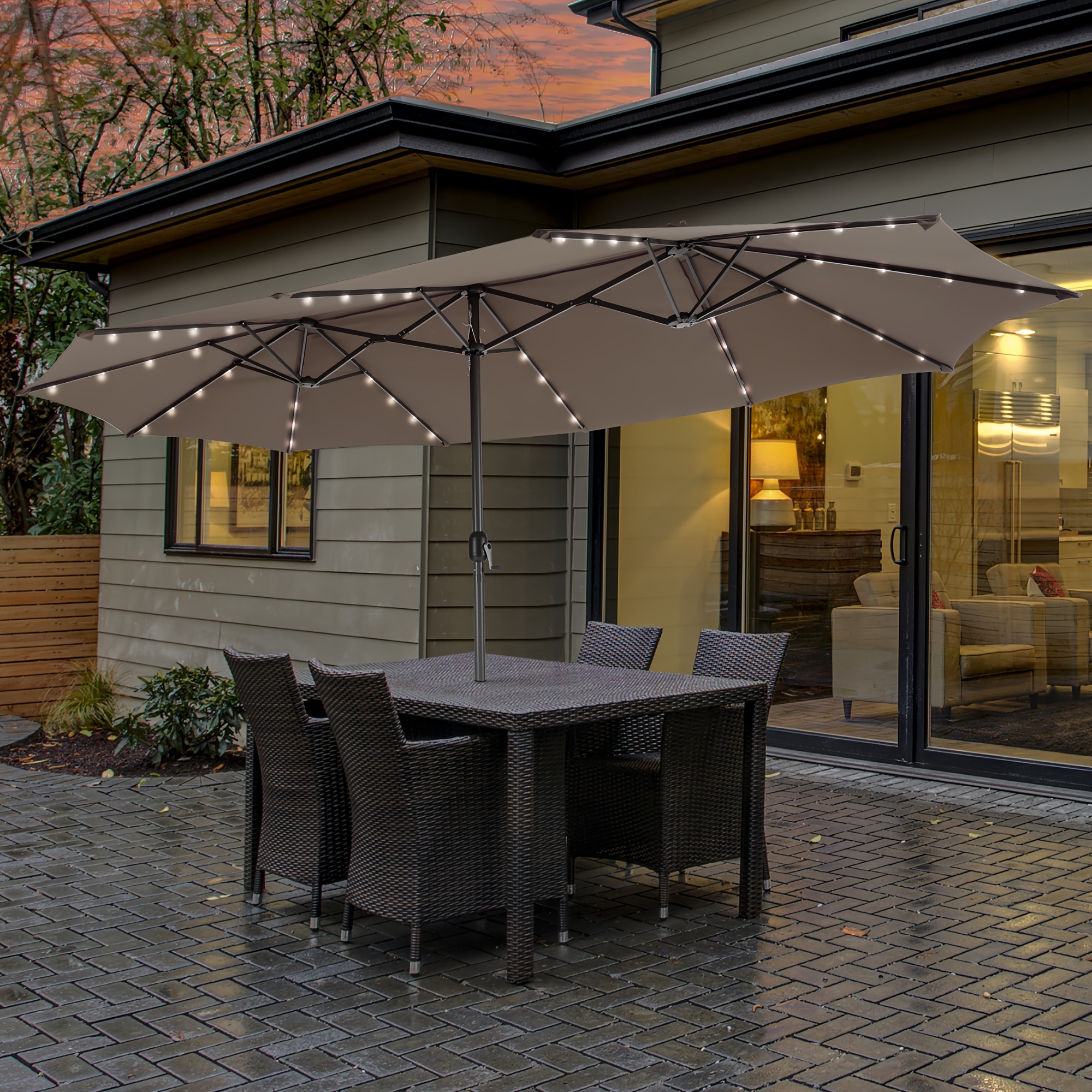 

Costway 15ft Twin Patio Double-sided Umbrella 48 Solar Led Lights Crank Outdoor Coffee