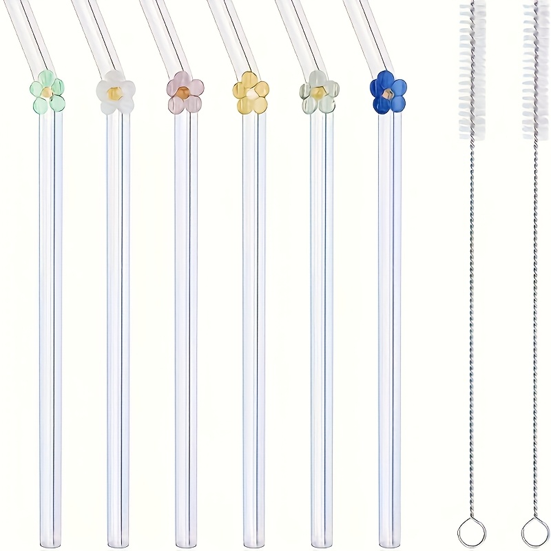 

6pcs, Straw, Reusable Glass Straws With 2 Cleaning Brushes, Cute Flower Glass Straws, Resistant Straw, Reusable Straws Dishwasher Safe For , , Juices, Teas