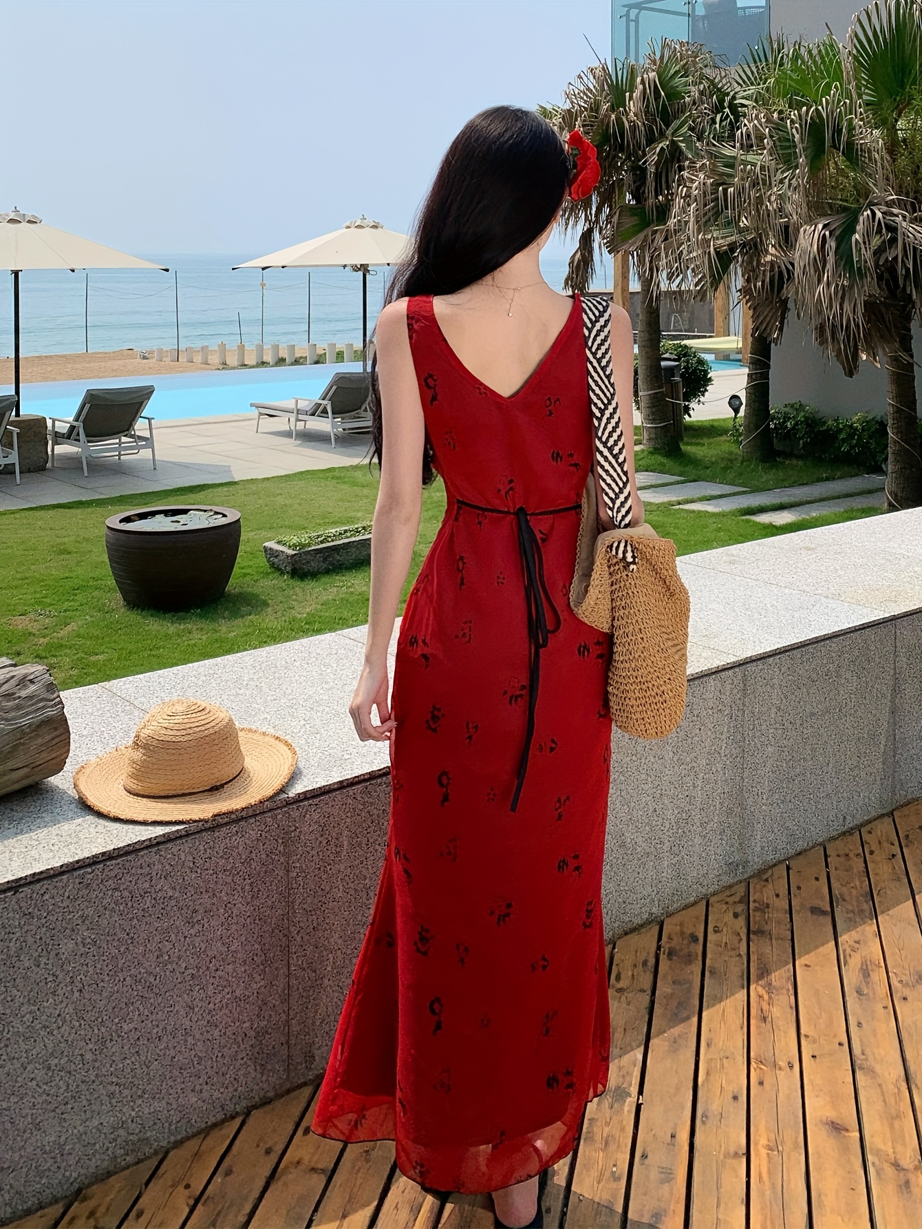 womens red geometric print maxi dress sleeveless v neck