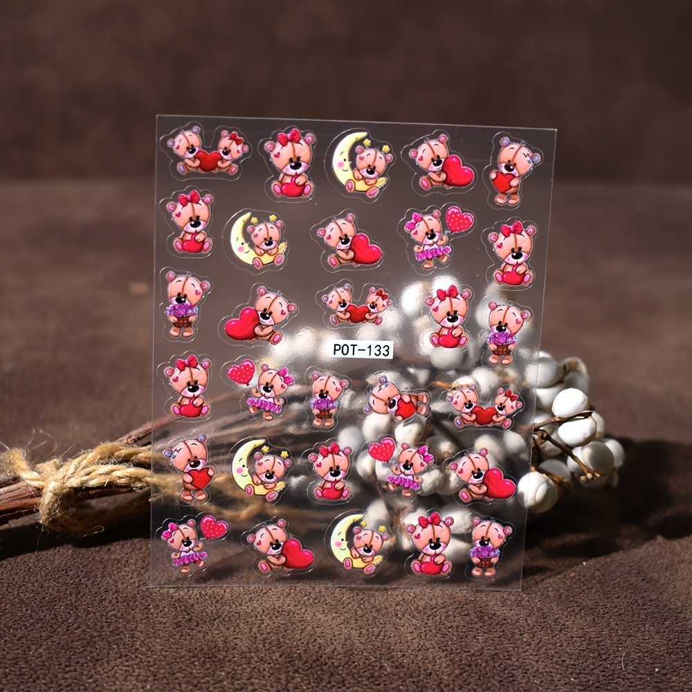 Image of Set Of 2, Embossed Heart Bear Cartoon Nail Art Stickers, Featuring A Cute For Or Nail Salons, Adhesive Nail Art Supplies For Women And