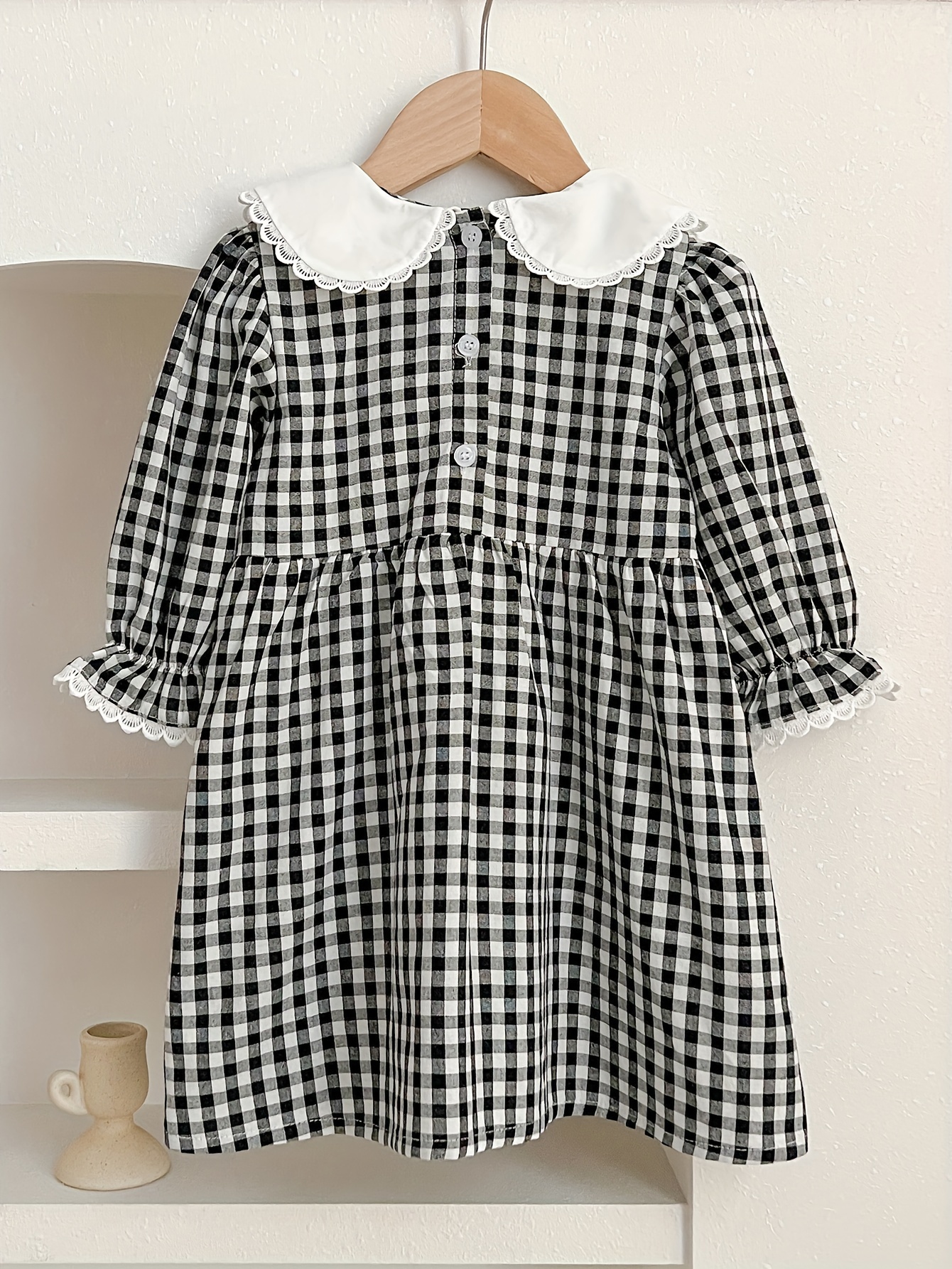 black white gingham check dress ruffle collar petal long - Temu