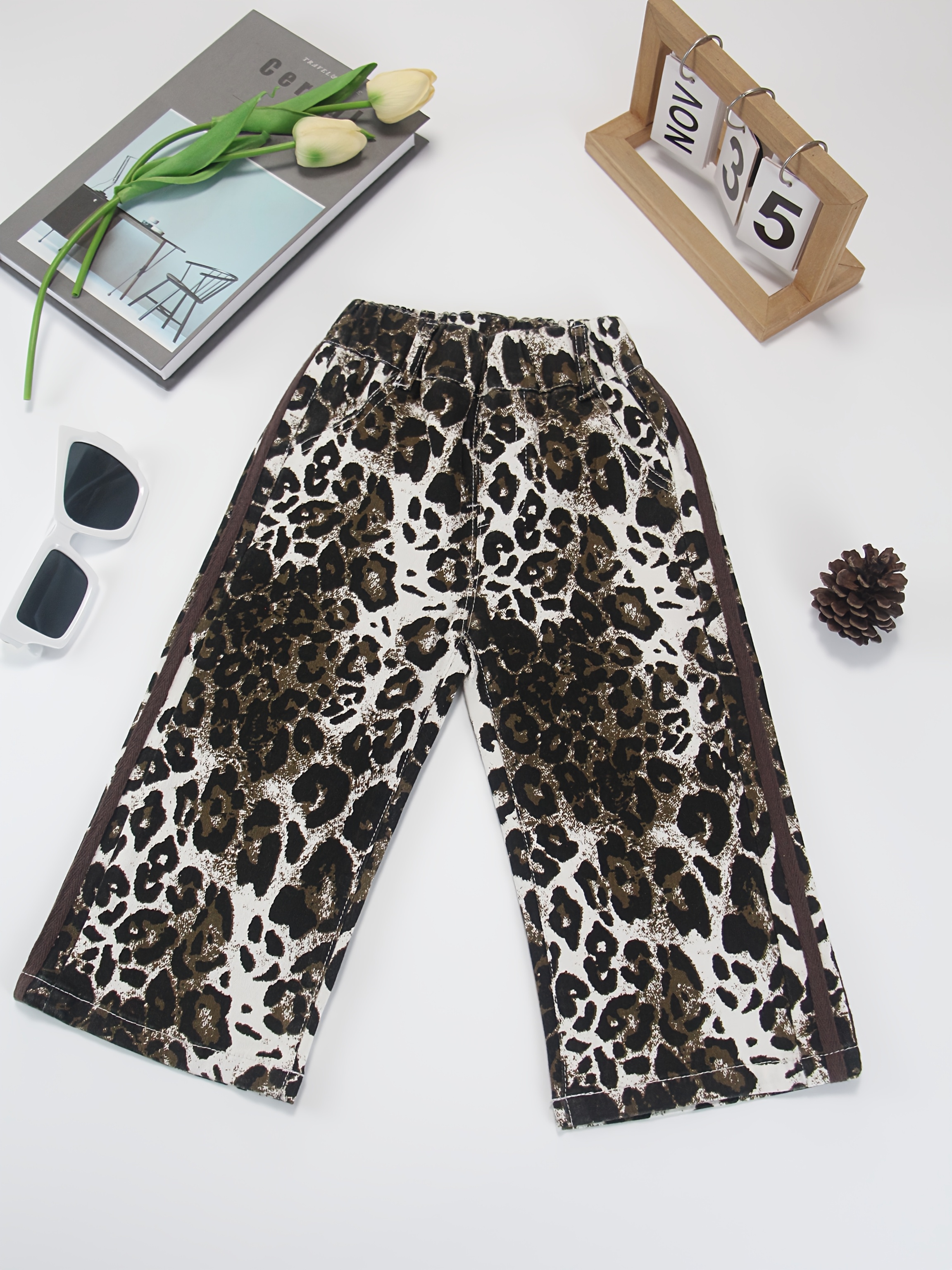 Girls' Leopard Print Wide-Leg Pants Elastic Waistband, Loose Fit Straight  Leg Trousers with Drawstring Waist Casual for Sp