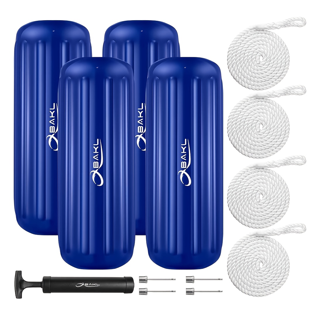 Image of Heavy-duty Inflatable Boat Fender Pads 10"x28" - 4pcs Set, Durable Pvc, Includes Ropes And Pump - Uv-resistant Dock, Sailboat, Yacht Protection, Suitable For 12 Meter Boats, Black/blue/red/gray/white