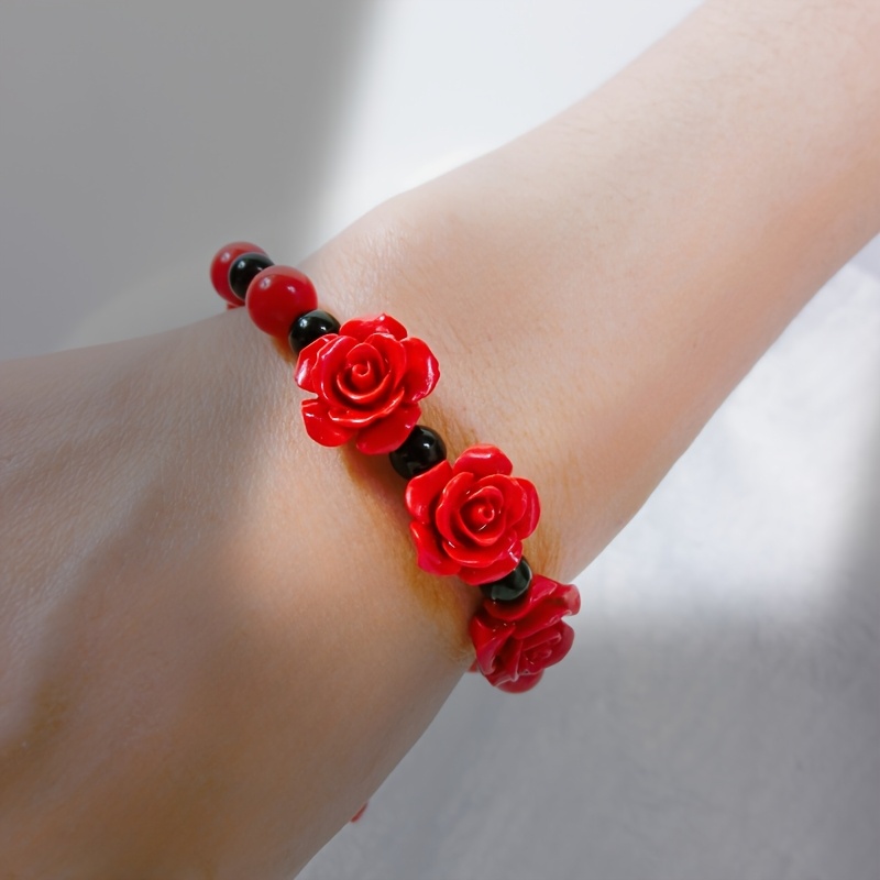 Adjustable Beaded Bracelet with Red Rose Charm & Red Beads