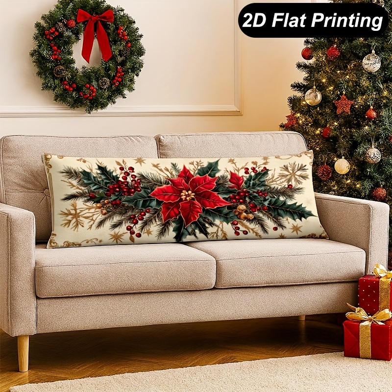 TEMU 1pc Retro Christmas Poinsettia Lumbar Pillow Cover - Double-sided Plush Cushion Case Suitable For Sofa Couch Bed, Zippered Xmas Decoration, Hand