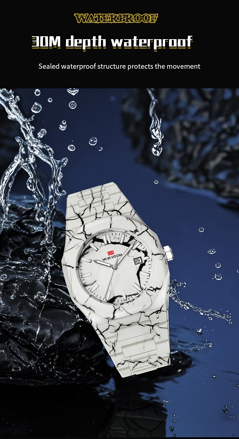 mens luxury quartz watch 40mm oval blue dial luminous calendar feature   marble striped plastic strap waterproof 30m battery powered electronic movement non rechargeable button battery regular cleaning   leisure wristwatch details 6