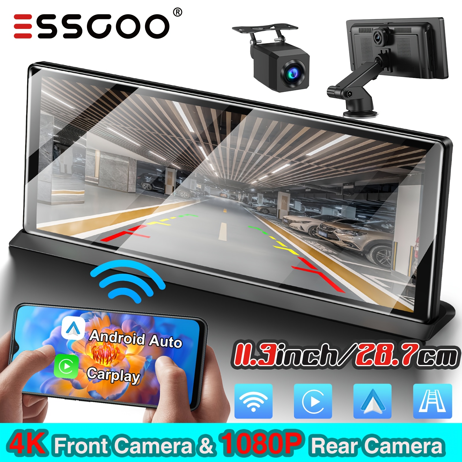Image of Essgoo 11.3" Wireless Car Stereo: Supports And Auto, Features Dual Cameras (4k Front + 1080p Rear), Ips Touchscreen, And Split-screen Functionality For Your Vehicle