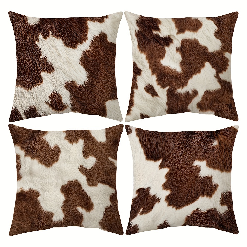 

Rustic Cowhide Fur Throw Pillow Covers, 4-pack, 18x18 Inch, Zipper Closure, Hand Wash Only, Knit Fabric, Polyester, Decorative Cushion Covers For Home, Sofa, Living Room, Bedroom - No Inserts Included