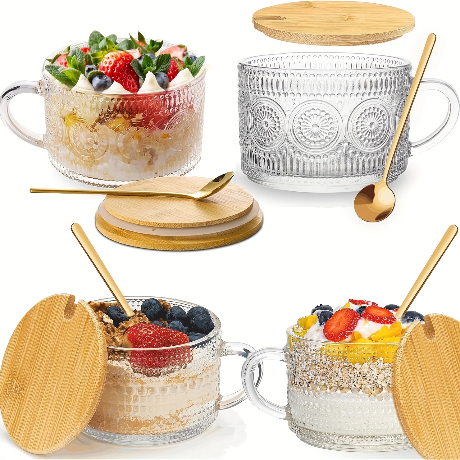 TEMU 2/4pcs Glass Fruit Creamer Mug, Dessert Cake Bowl, Vintage Coffee Mug, For Fruit Creamer, Dessert , Afternoon Tea, With Bamboo Lid, Bpa Free,