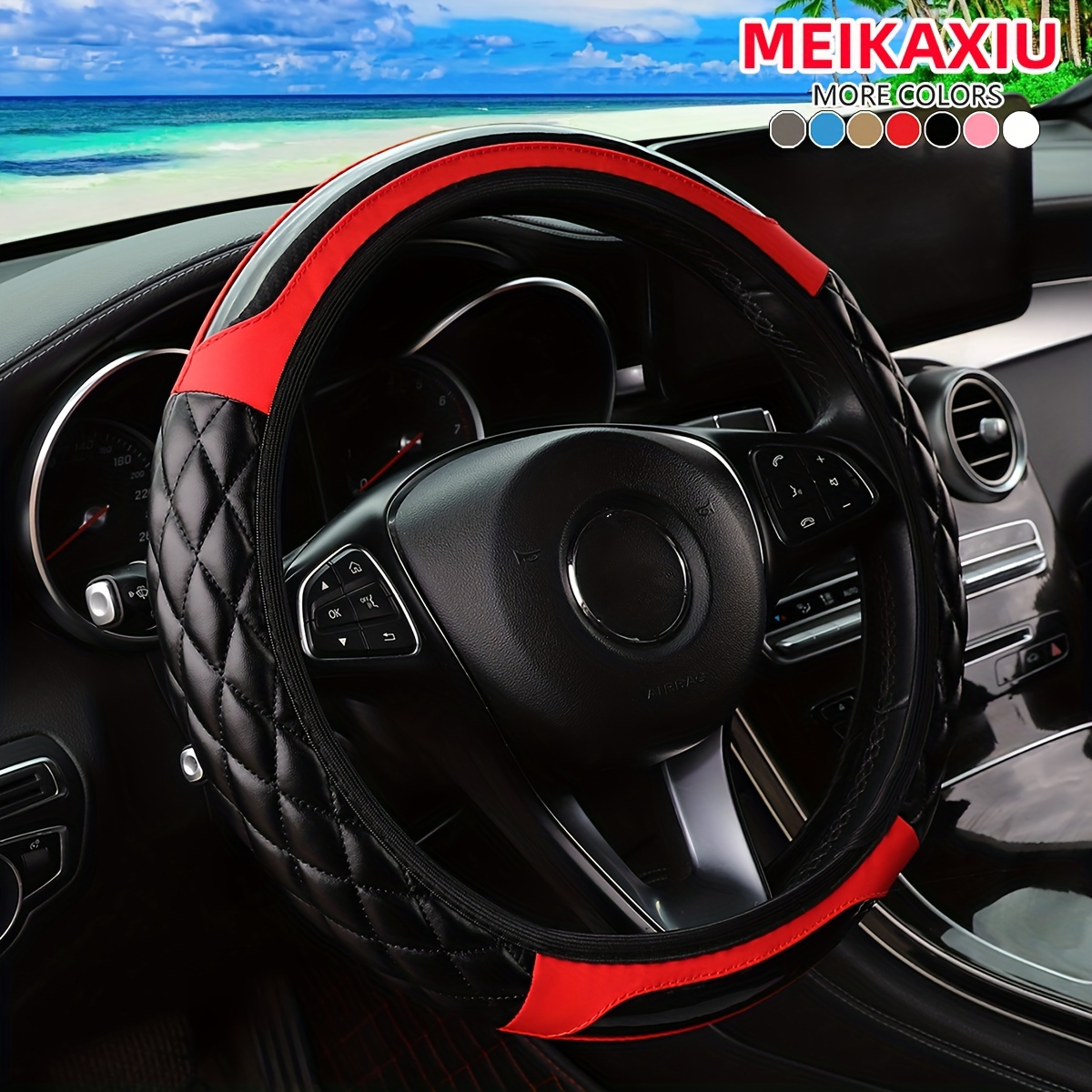 1pc Crystal Carbon Fiber Faux Leather Three-dimensional Square Embroidery New Car without Inner Circle Steering Cover Suitable for 36.83-38.1cm Car Interior Accessories Men and Women Universal Black Red Pink Blue Beige Gre