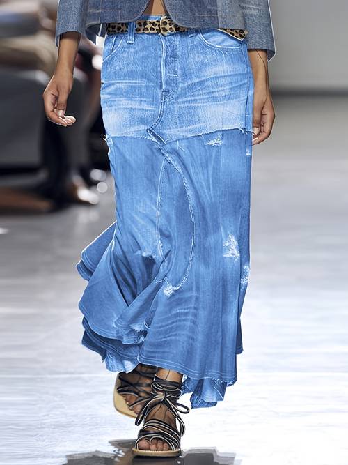 dames vintage ripped denim zeemeermin midi rok, gewassen gespleten irreguliere ruffle lange denim rok