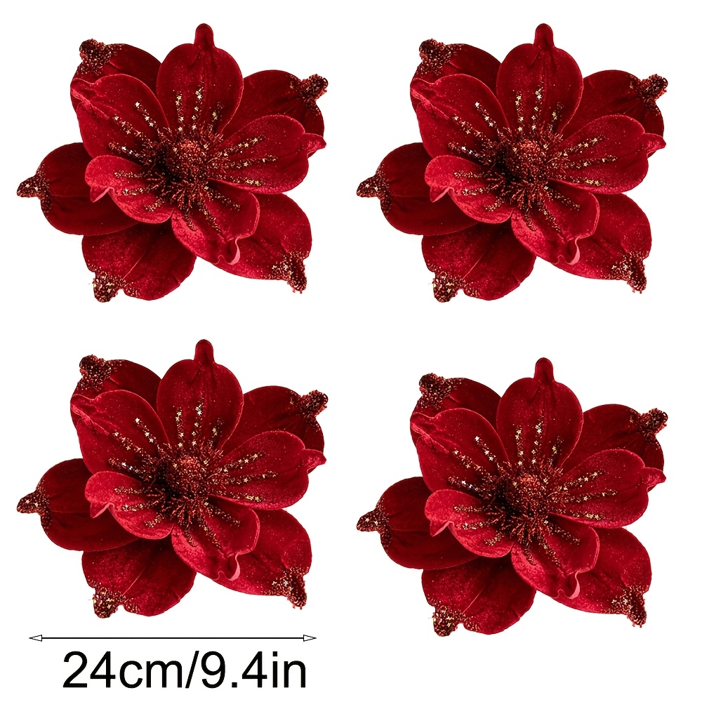 TEMU 4pcs Set Of Artificial Red Velvet Christmas Flowers, Christmas Tree Decorations, Christmas Wreath, And Christmas Vine Arrangement Props