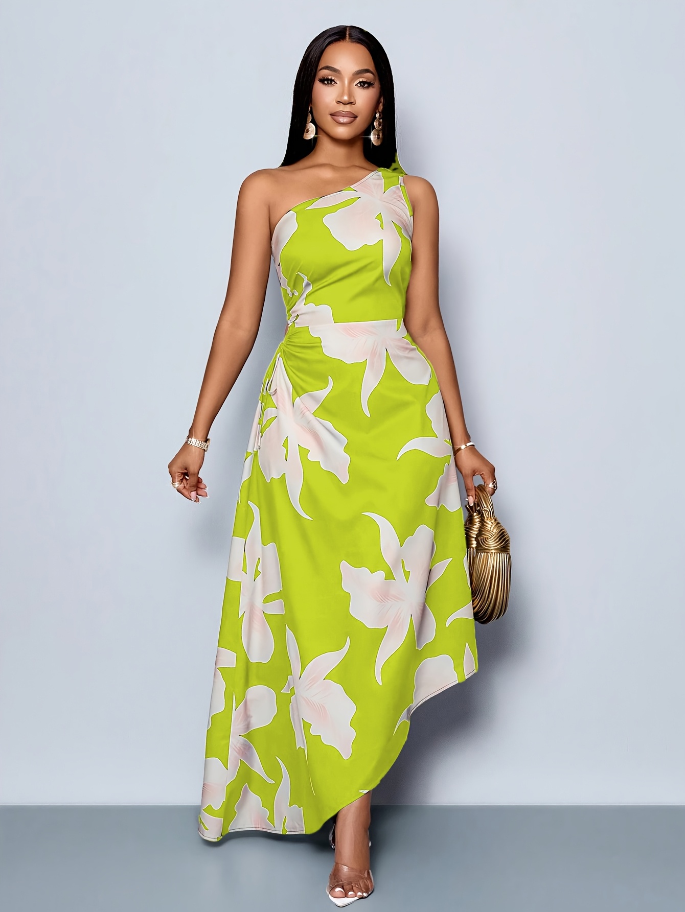 blue dress for baby girl Modern Day Glam Printed One Shoulder Asymmetrical Maxi Dress – VICI
