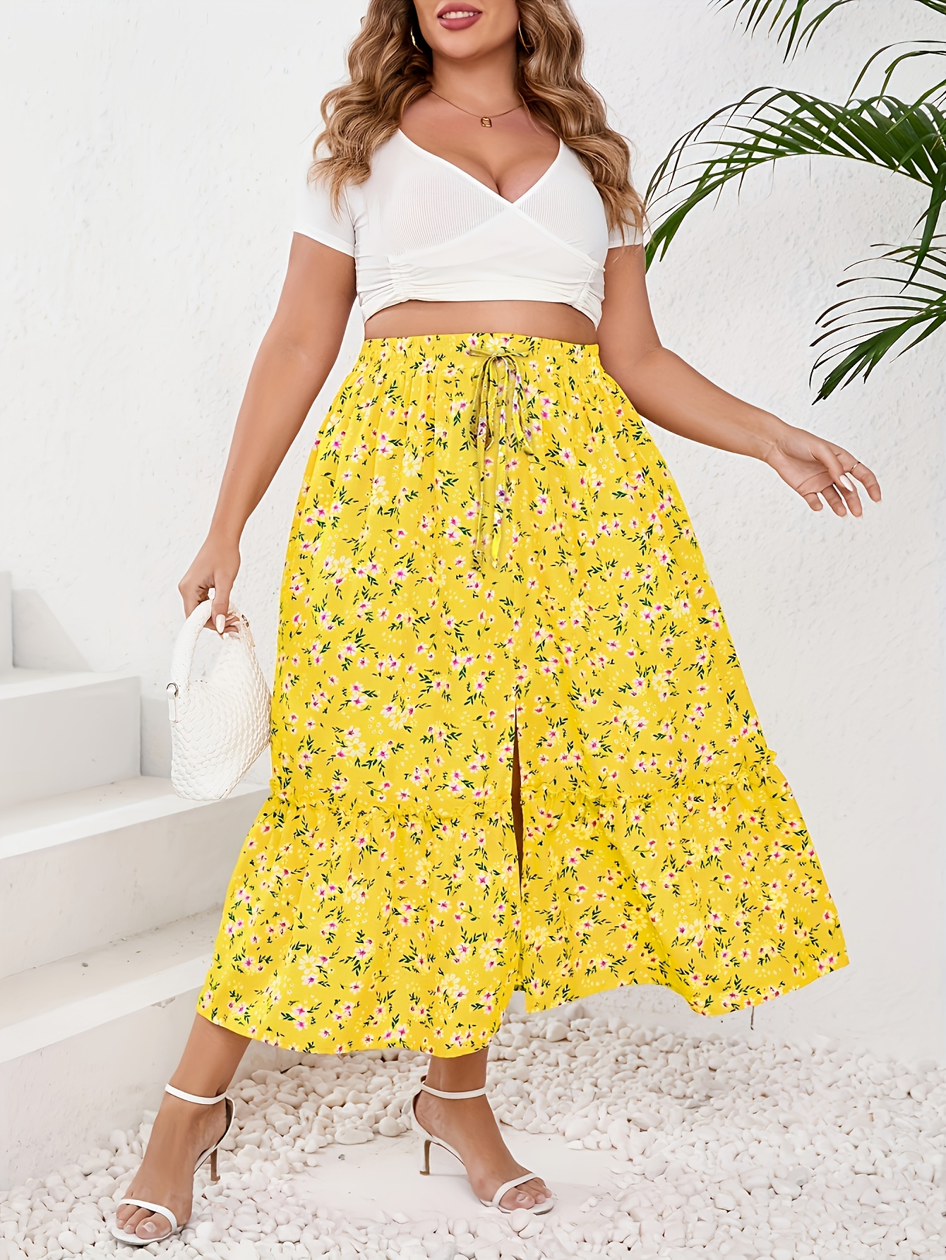 Summer Floral Skirt Yellow Sexy Women Fashion High Waist Frills