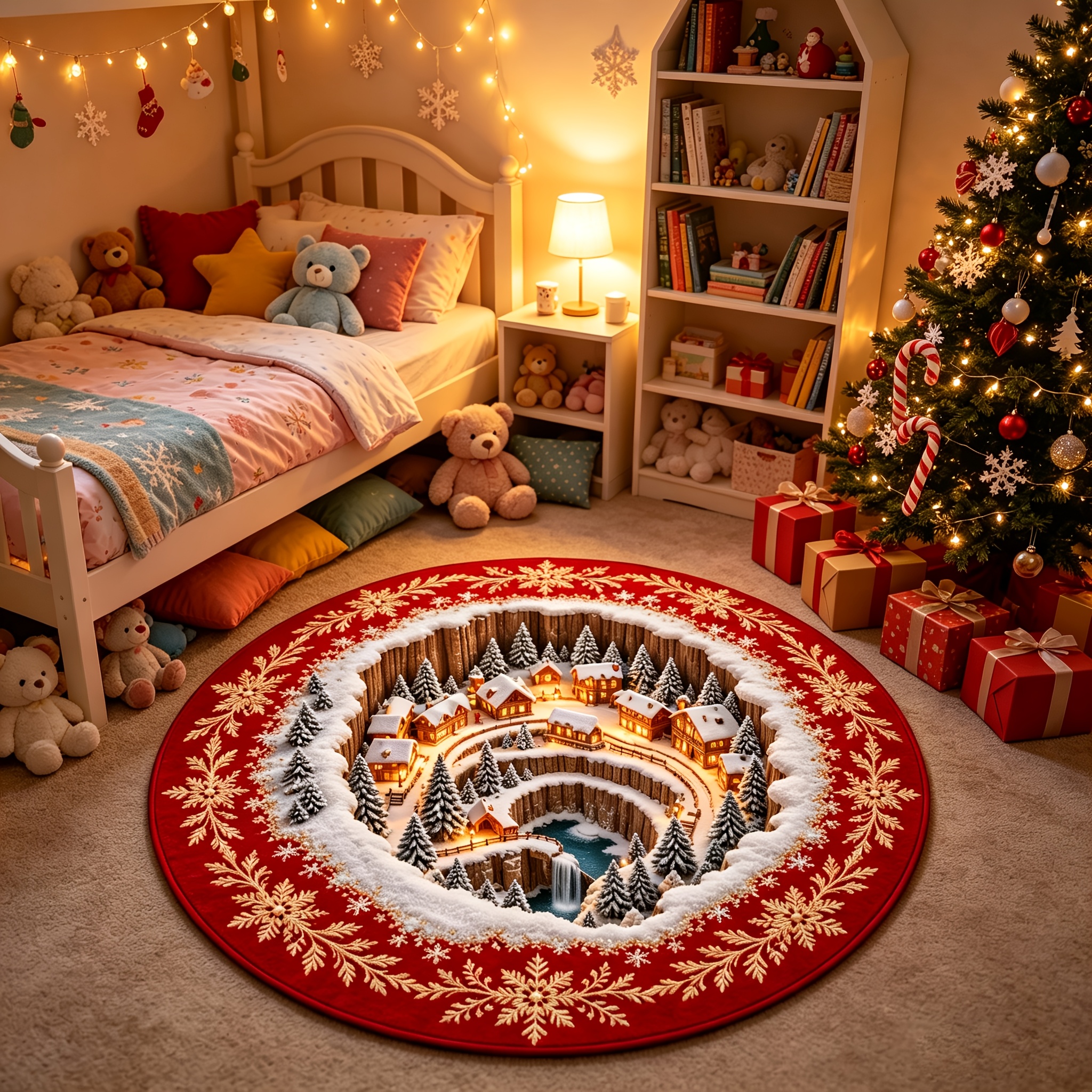 TEMU [velvet] 1pc, Christmas Winter Snow Scene Pattern Round Rug, With Pattern Border Home Decor Light Luxury Premium Floor Mat, Festive Atmosphere