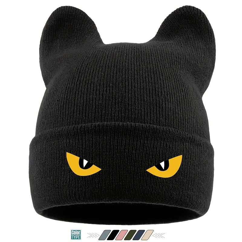 Image of Cat Eye Print Beanie Hat, Autumn Winter Season Ear Design Warm Unisex Animal Shaped Slouchy Cap Suitable For Role- Fun Knit Hat