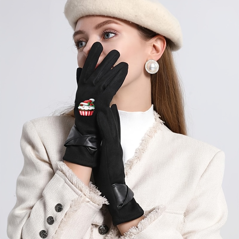 Elegant Women's Gloves with Christmas Hat Decorated Design