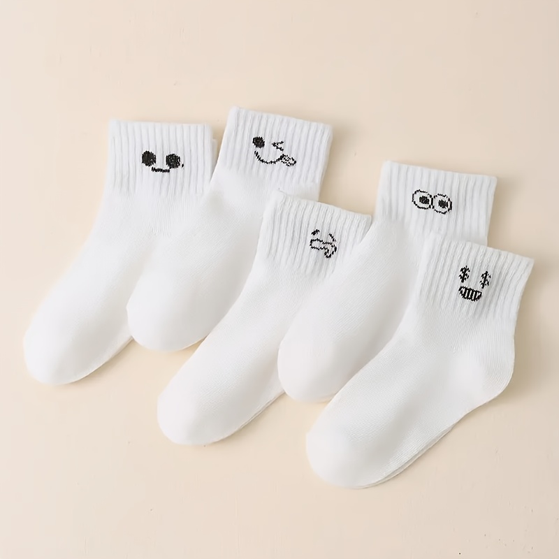 E-shop 5 Paar Weiße Socken mit Lustigen Gesichtern, Weich und Leicht Beige-Freundlich, Geeignet für Kinder Alltagskleidung - 5 Paar Kindersocken mit