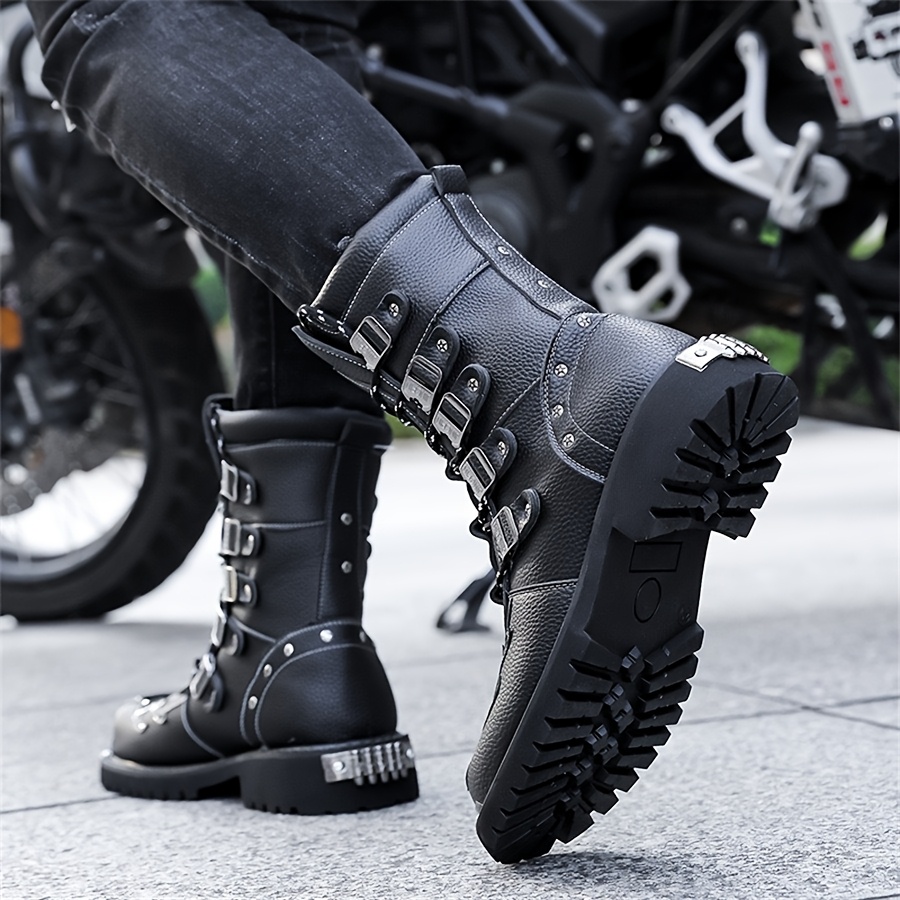 mens motorcycle boots black cover metal buckles thick Temu Germany